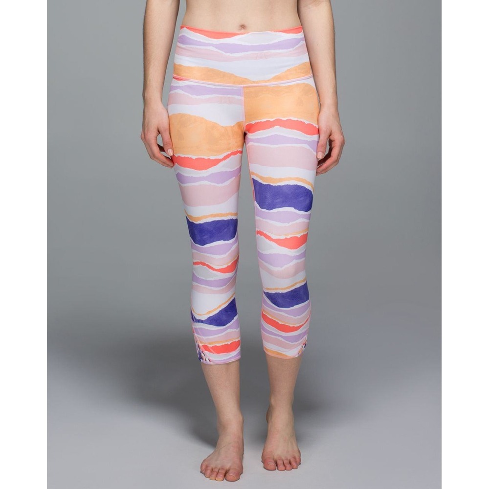 Lululemon True Self Crop Leggings Bleacher Stripe Iris Flower Athleisure Yoga